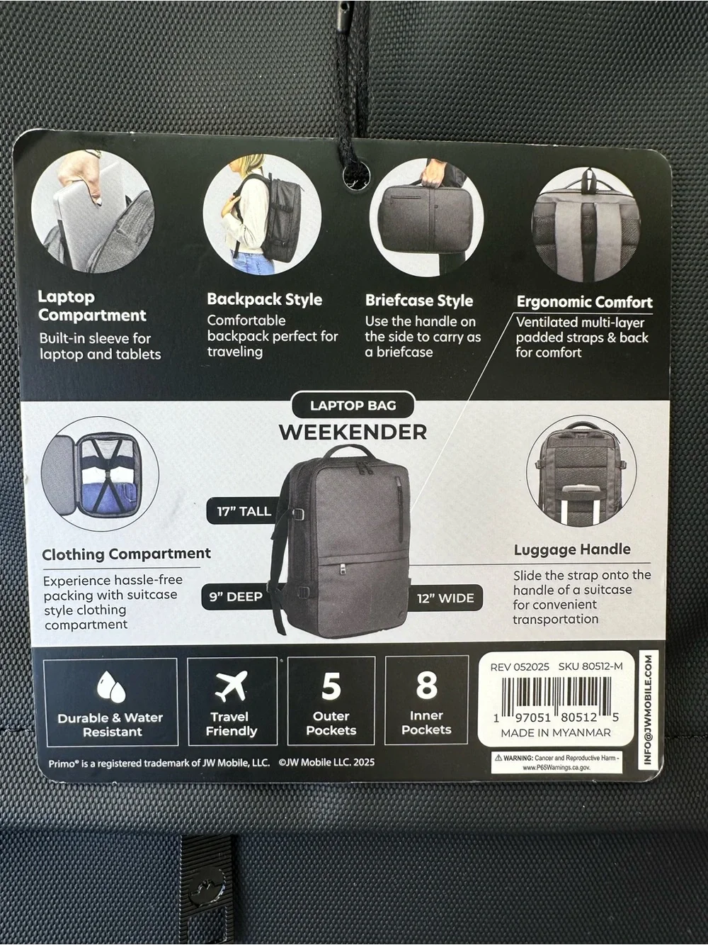 Primo Weekender Laptop 30L Backpack Black charging port NWT